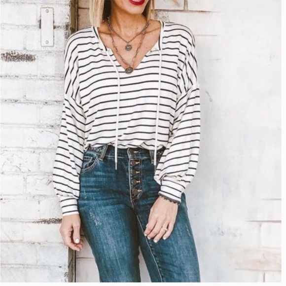 CAbi Tops - CAbi 5746 Relax Game Day Striped Long Sleeve Top Sweatshirt Black White Large